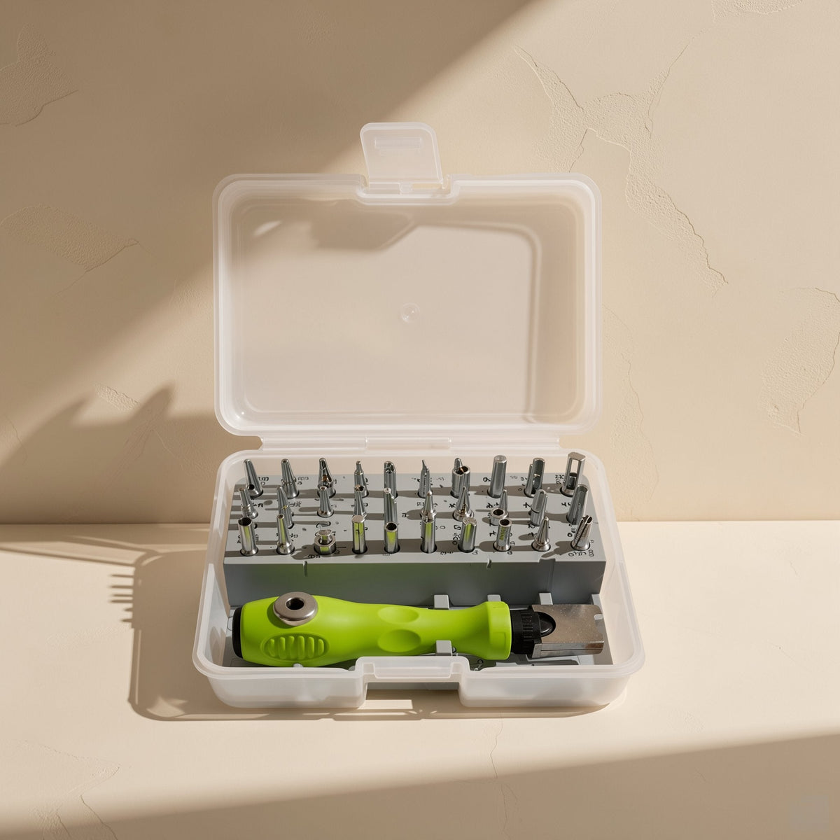 Pocketbit – Open clear case showing the grey bit tray, rows of bits and the green handle along the bottom