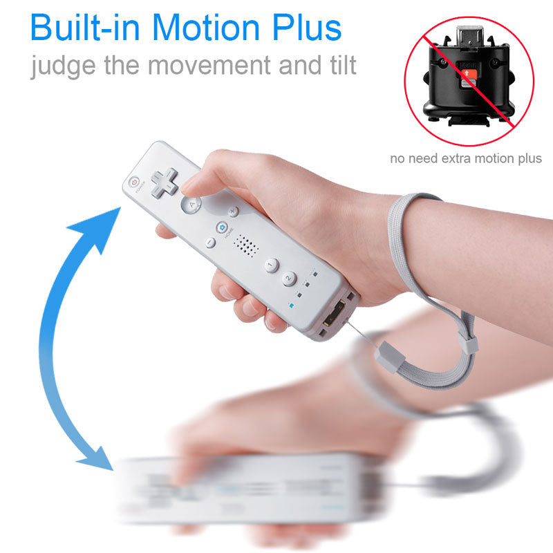 Wavepulse – Hand holding white controller with wrist strap, swinging up and down, text Built-in Motion Plus