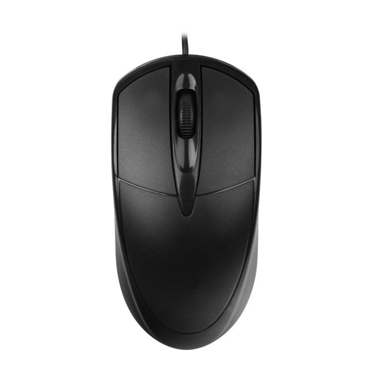 Clicken – Top-down view of the black mouse showing two buttons, the scroll wheel and the cable at the top