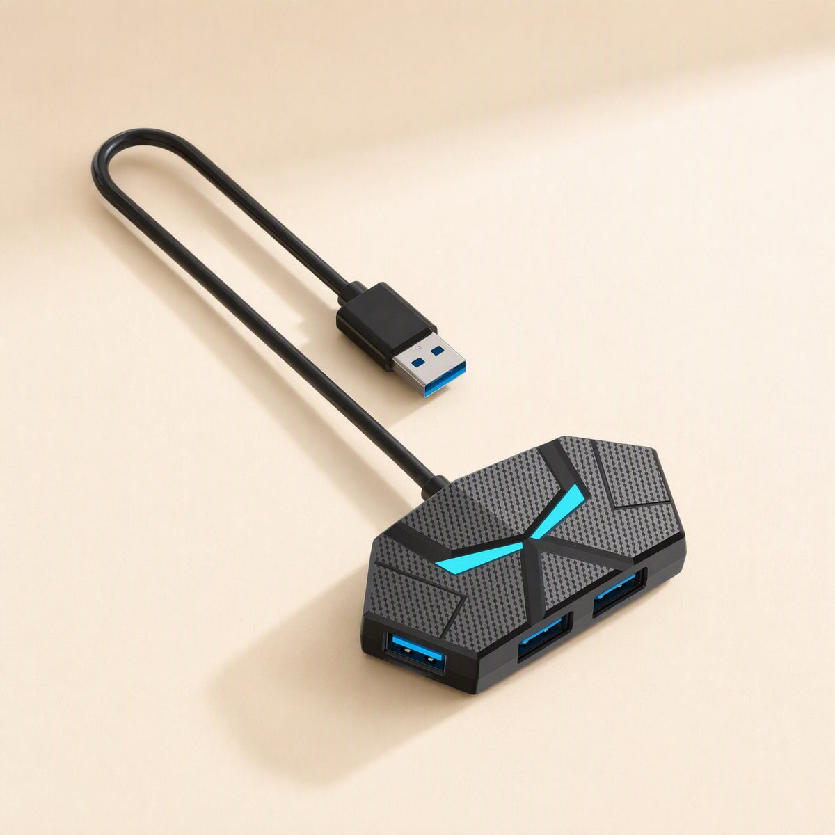 Glowbranch – Hub from a different angle with cyan light, showing the USB-A plug, looped cable and three blue ports