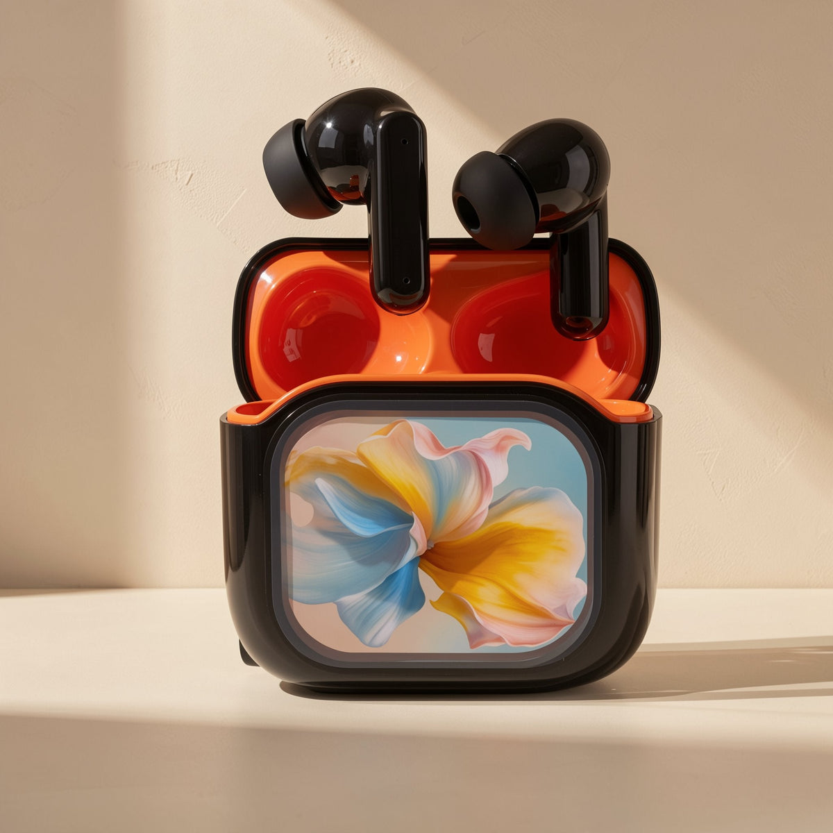 Quietwave – Close-up of black earbuds resting in the open orange case with a blue and yellow petal design on the front