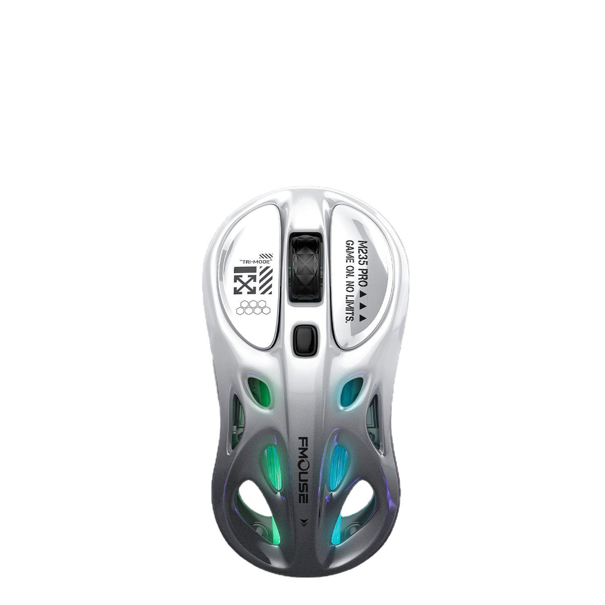 Pawbyte – Top-down view of the white-to-grey gradient mouse with green and blue lit cutouts on a plain white background