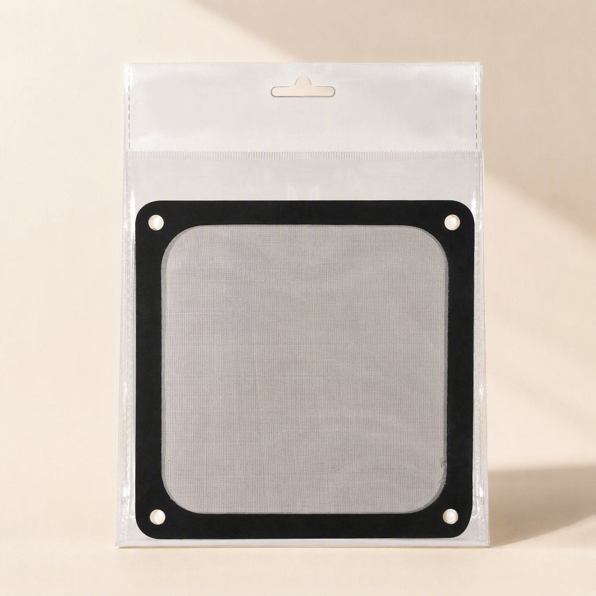 Dustflow PVC Magnetic Fan Dust Filter – black-framed mesh filter inside clear hanging retail packaging with a header hole