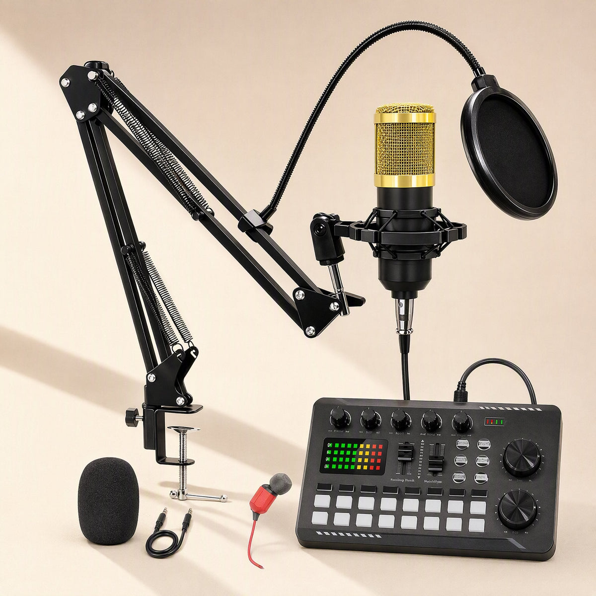 Castvoice – Gold-topped mic on a desk boom arm with pop filter, sound card, windscreen and red earphones