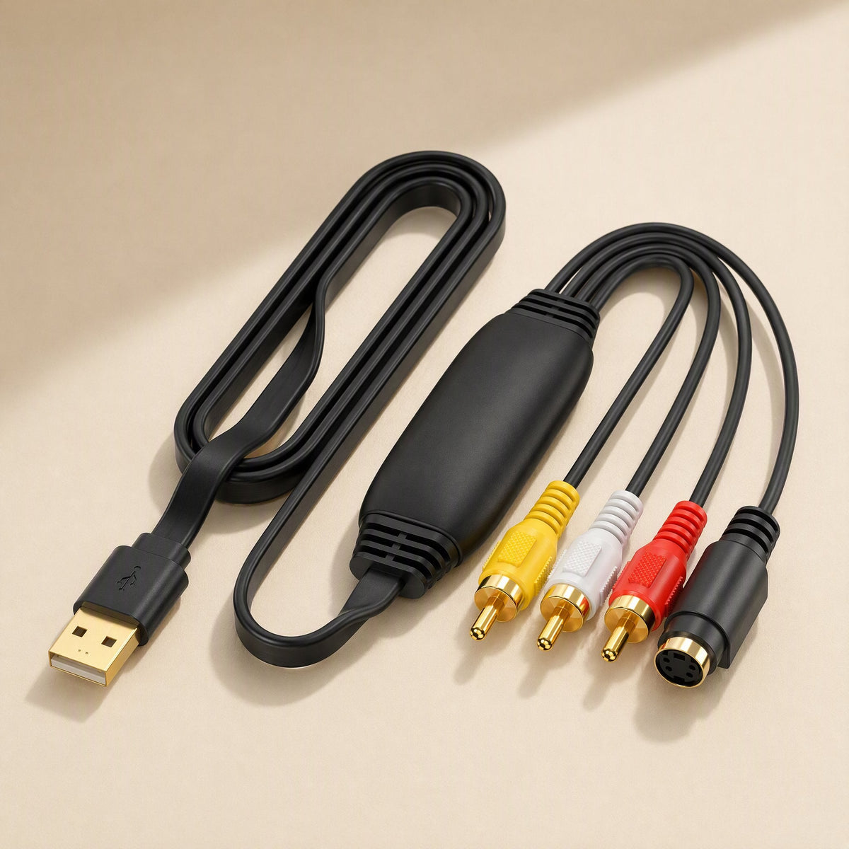 Signalgrab – Capture card with coiled flat USB cable and gold-plated USB plug, plus yellow, white, red and S-Video leads