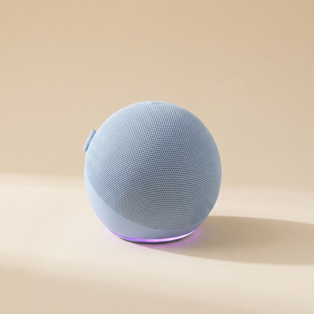 Roamnote – Light blue woven-fabric spherical speaker with a purple glowing base ring on a warm sand-colored backdrop