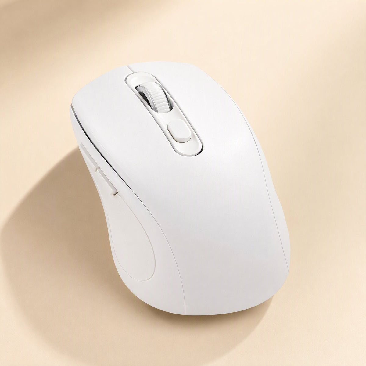 Voiceglide Voice Control Wireless Mouse in white, angled view showing scroll wheel and side buttons