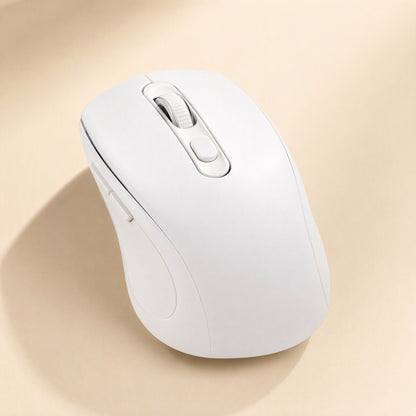 Voiceglide Voice Control Wireless Mouse in white, angled view showing scroll wheel and side buttons