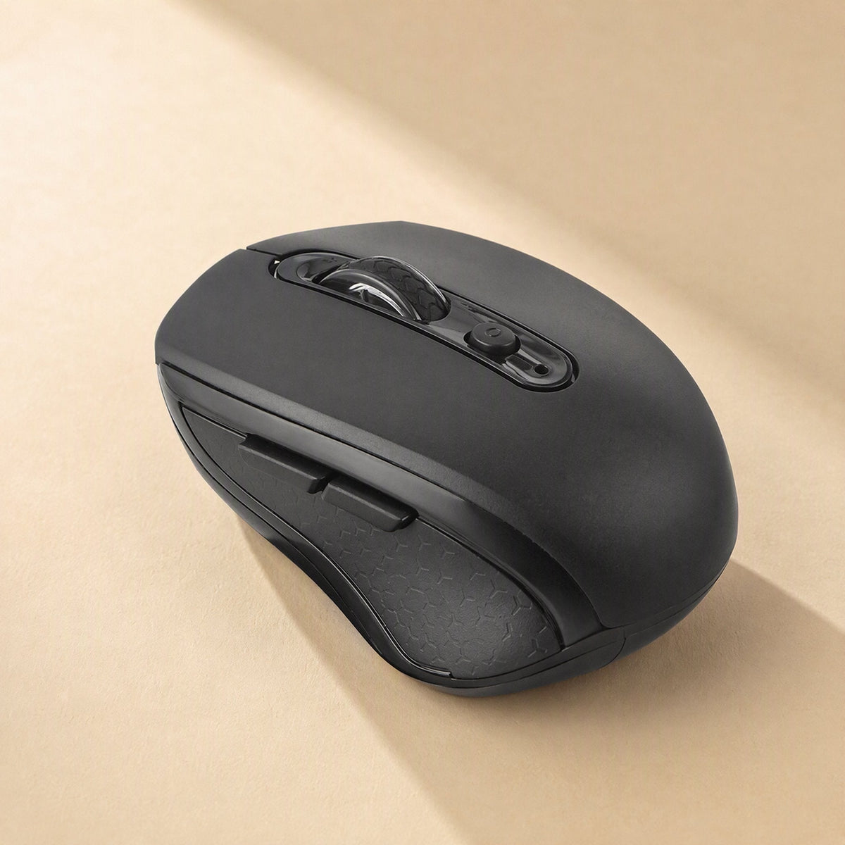 Voiceglide Voice Control Wireless Mouse – black wireless mouse at an angle, showing textured side grip and two thumb buttons
