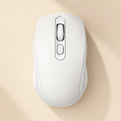 Voiceglide – White wireless mouse top-down on a cream backdrop, with ridged scroll wheel and round button