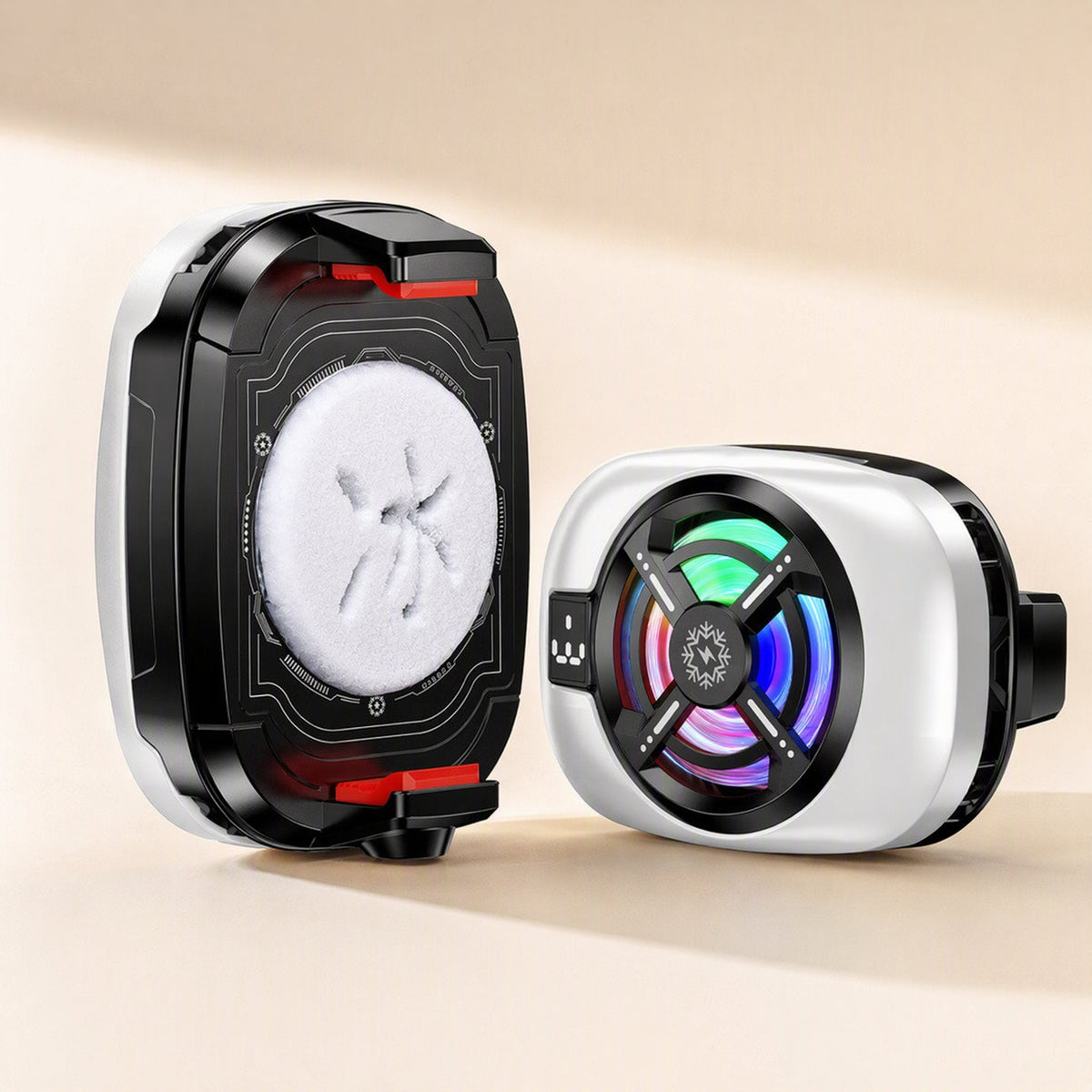 Chillpixel – Back and front views of the radiator, showing a black clip with red tabs and a glowing RGB fan on white housing