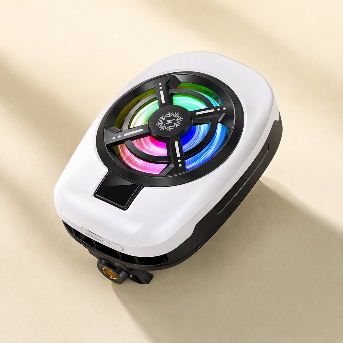 Chillpixel – Top-down angle of the white radiator with rainbow-lit fan, a small digital display and a threaded base below