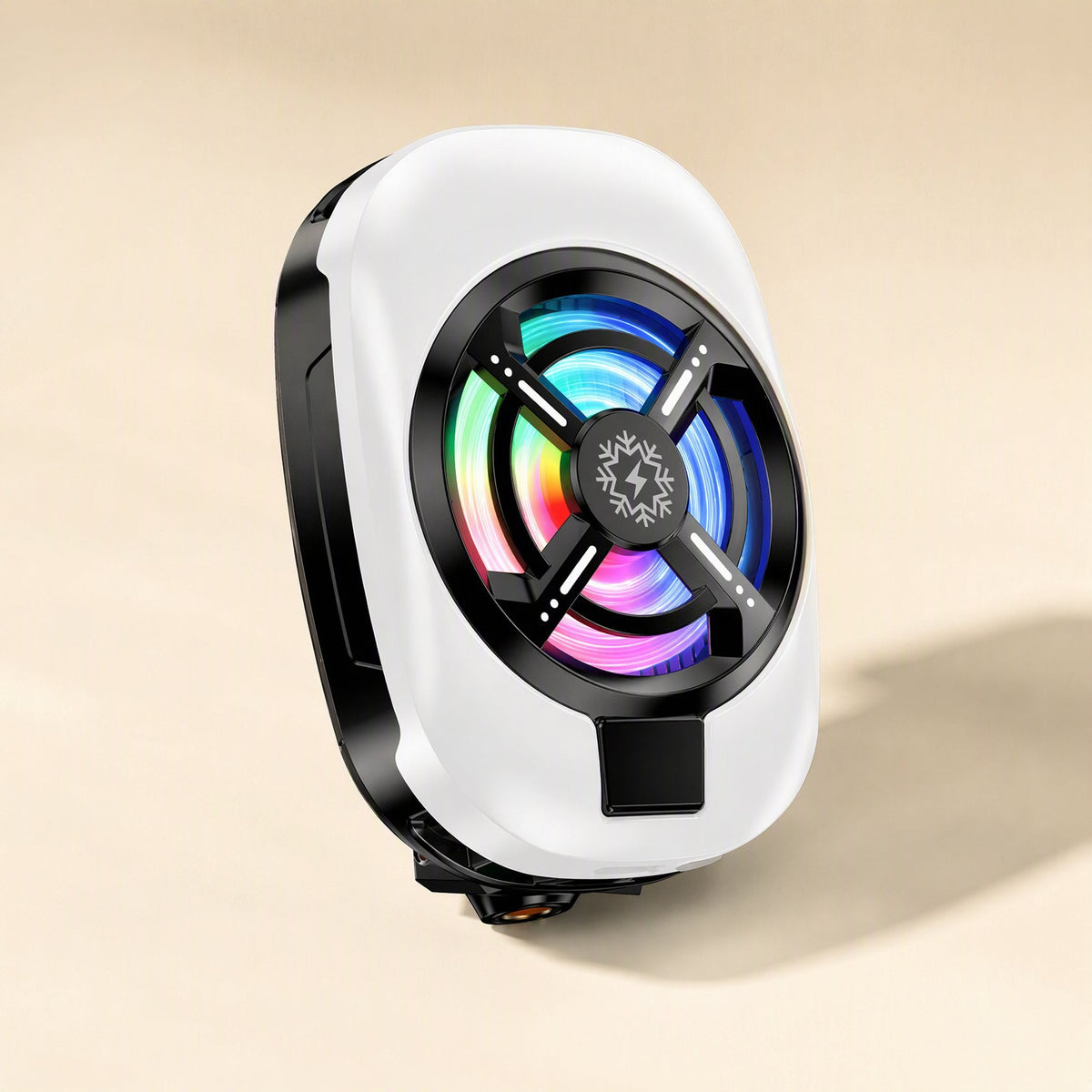 Chillpixel – Front view of the white cooler with a colourful RGB fan, snowflake logo at the centre and a black display panel