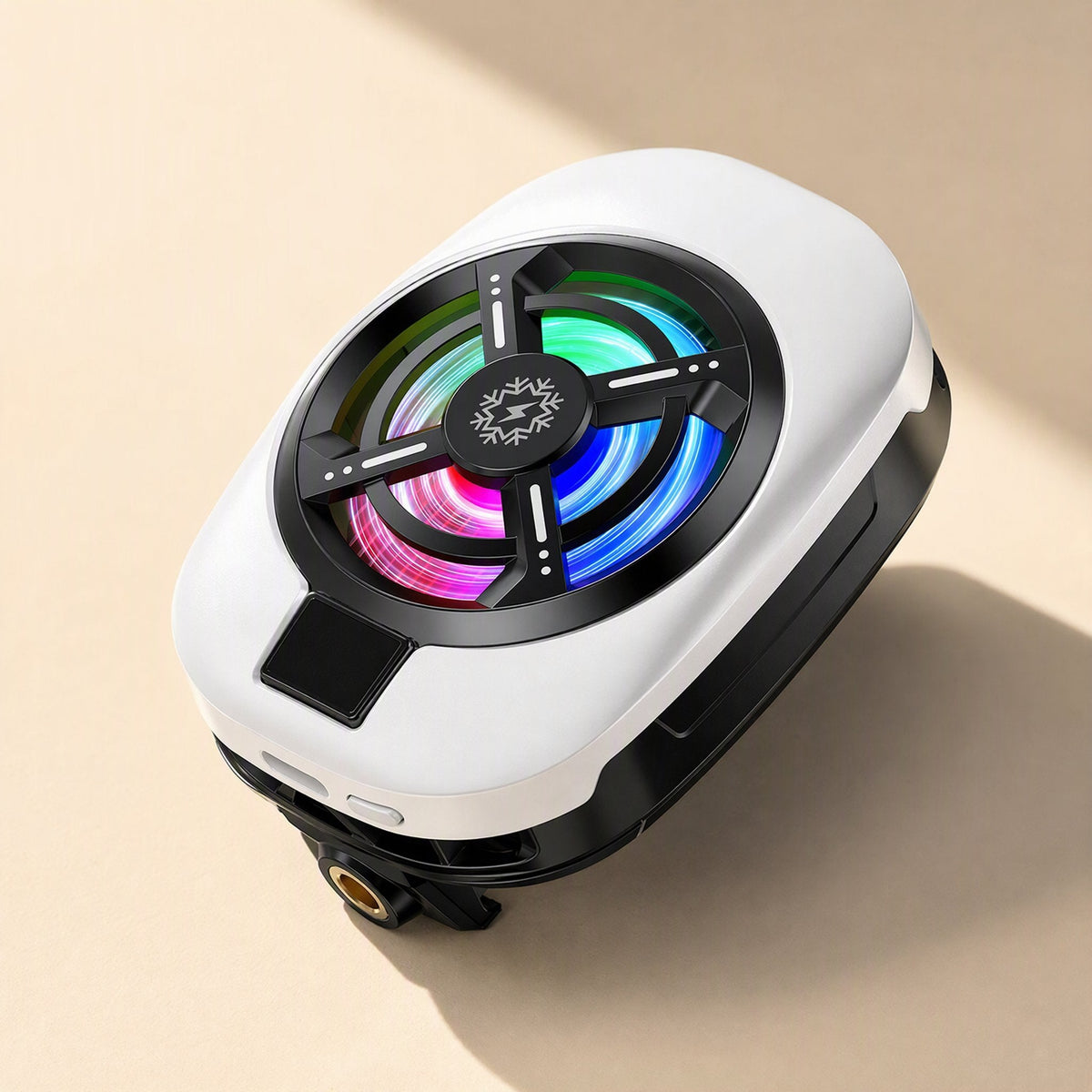 Chillpixel – Angled overhead view of the white radiator showing its RGB fan, display window and side buttons on a beige
