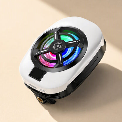 Chillpixel – Angled overhead view of the white radiator showing its RGB fan, display window and side buttons on a beige