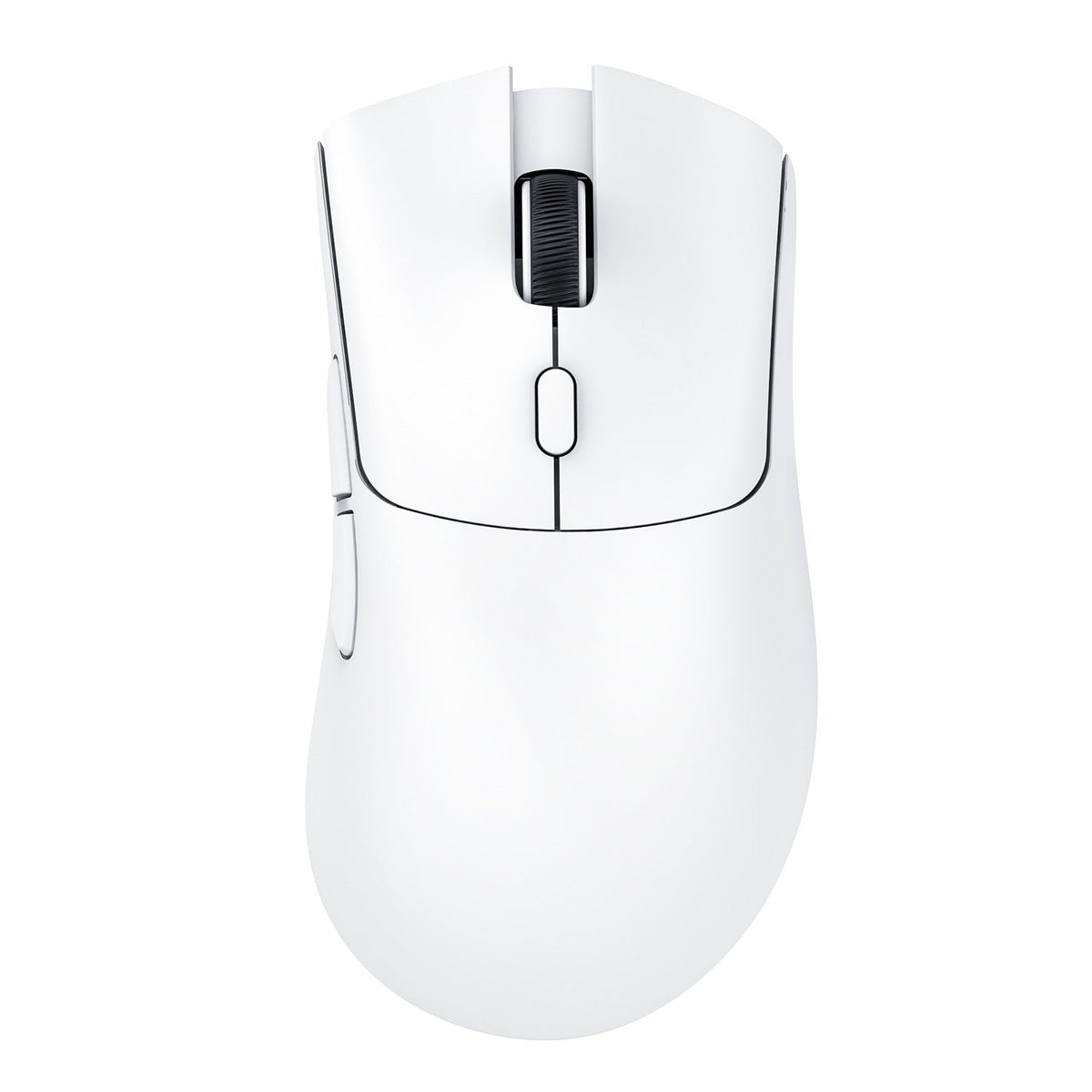 Swiftfin – Top-down view of the white six-button mouse with black scroll wheel on a plain white background