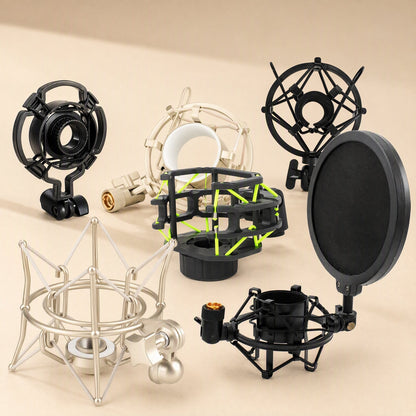 Micushion microphone shock mount group shot: black, champagne and cream mounts with a pop filter