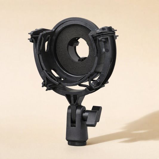Micushion – Black round shock mount with foam-padded ring and clamp stand, front view on beige background