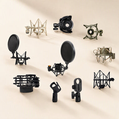 Micushion – Ten shock mounts and mic clips in black and champagne, some with pop filters, arranged on beige