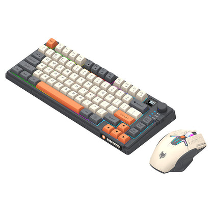 Wireloom – Angled view of the grey, cream and orange backlit keyboard with a matching cream and grey mouse