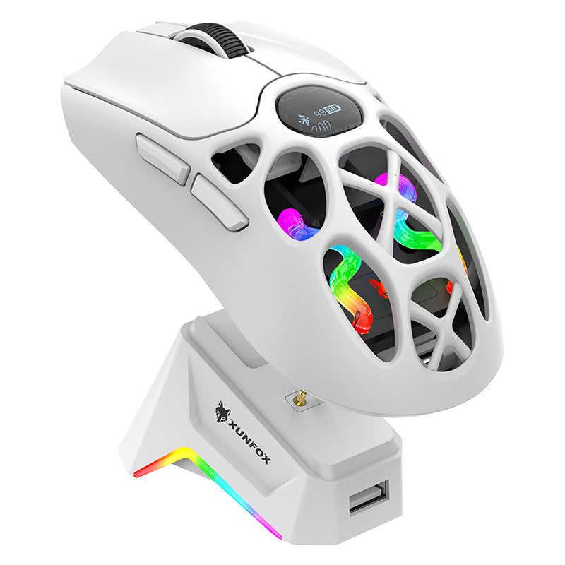 Swiftglide – White wireless gaming mouse docked on a charging stand with RGB light strip and USB port