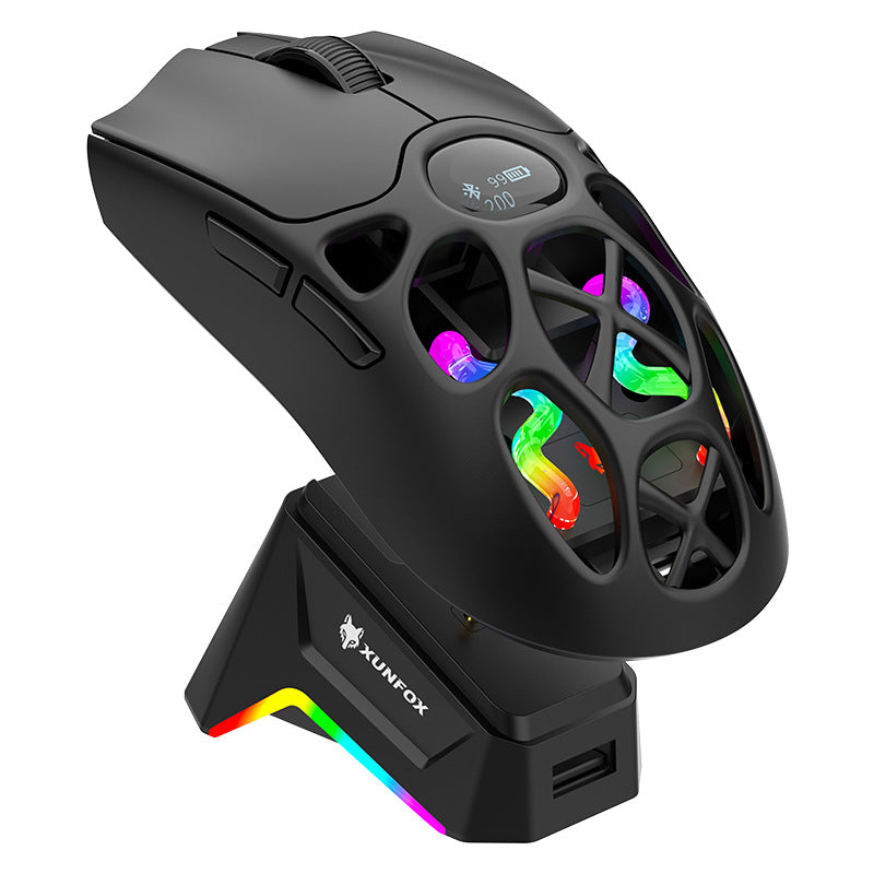 Swiftglide – Black wireless gaming mouse resting on its charging dock, RGB light strip glowing at the base