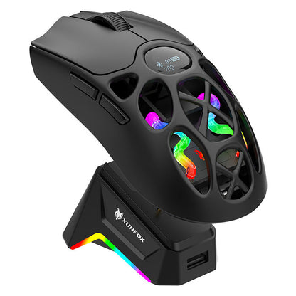 Swiftglide – Black wireless gaming mouse resting on its charging dock, RGB light strip glowing at the base