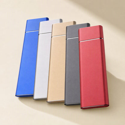Driveforge Metal Mobile Solid State Drive in blue, silver, gold, gray and red, lined up on a cream backdrop