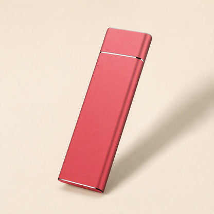 Driveforge – Red slim metal drive leaning upright against a cream background, with a thin metallic edge line