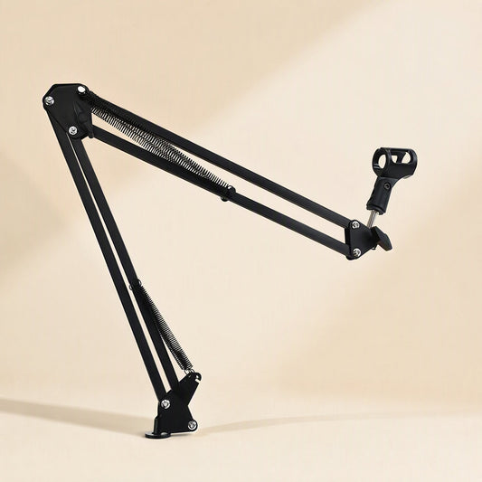 Deskstead – Black cantilever microphone arm seen from the side, with springs along the folded arms and a flat base mount
