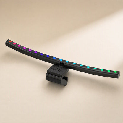 Taskbeam – Light bar lit in a red, purple, blue and green LED gradient, with the speaker-grille clip underneath