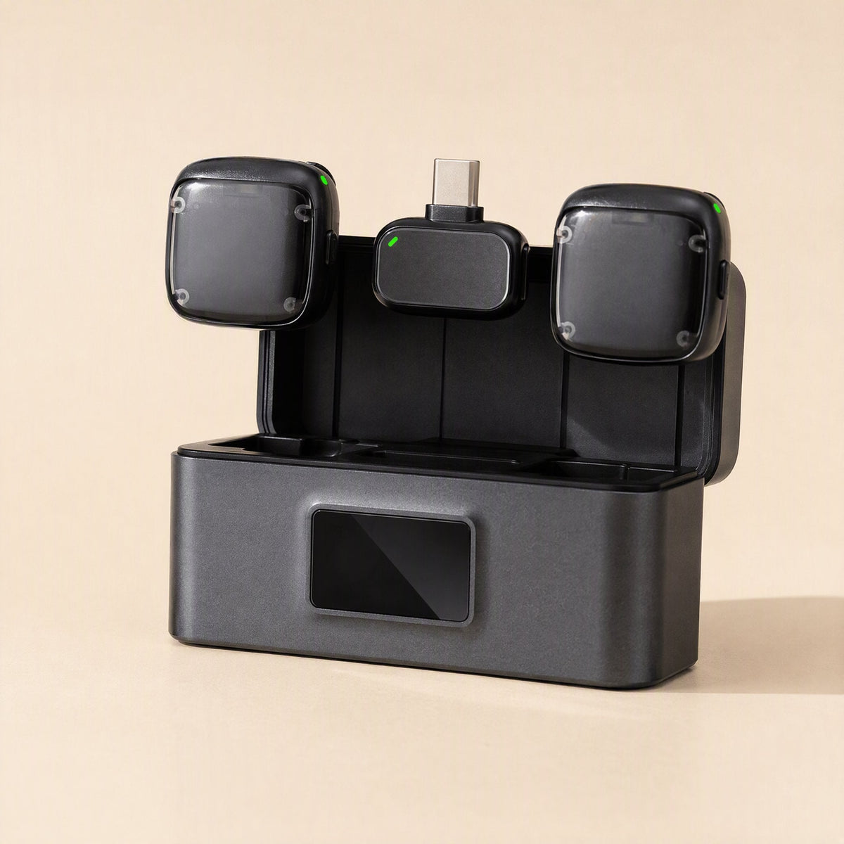 Noisehush Lavalier Microphone with two clip-on transmitters and USB-C receiver in an open charging case