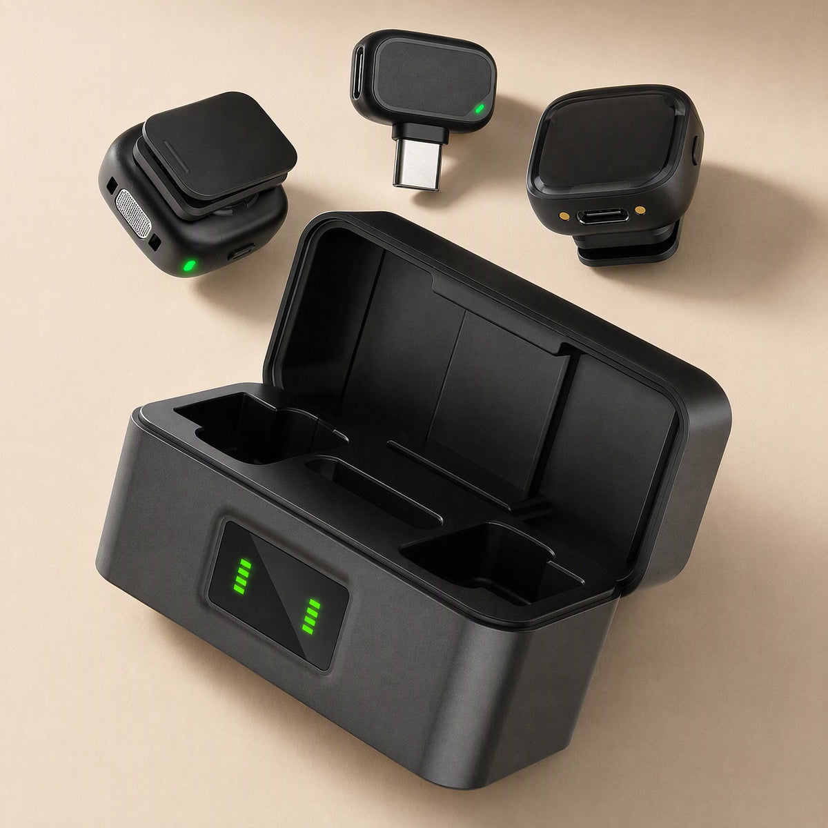 Noisehush – Open charging case with three black units and green battery indicator lights on its display