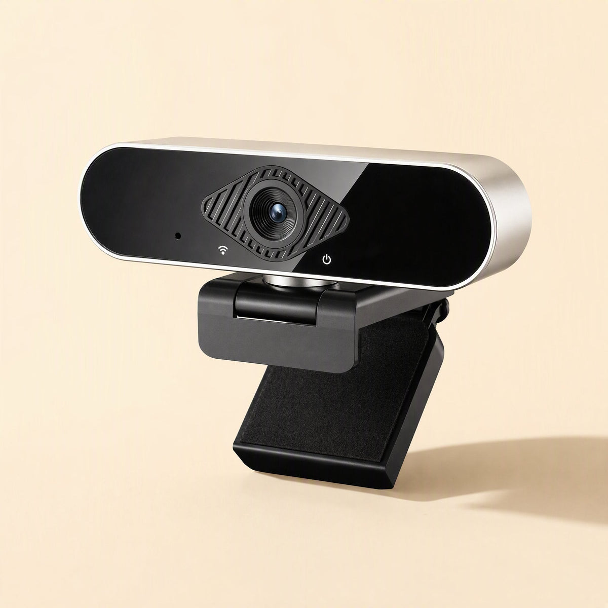 Viewvoice USB Computer Camera With Built-In Microphone, front-angled view with silver-trimmed black body on beige