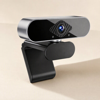 Viewvoice – Side-angled webcam with fold-out clip stand, textured lens surround and power and Wi-Fi indicator icons