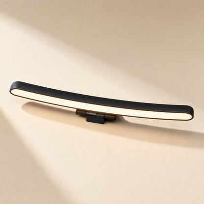 Screenhalo Curved Monitor Hanging Lamp, black curved bar with warm white light on a beige background
