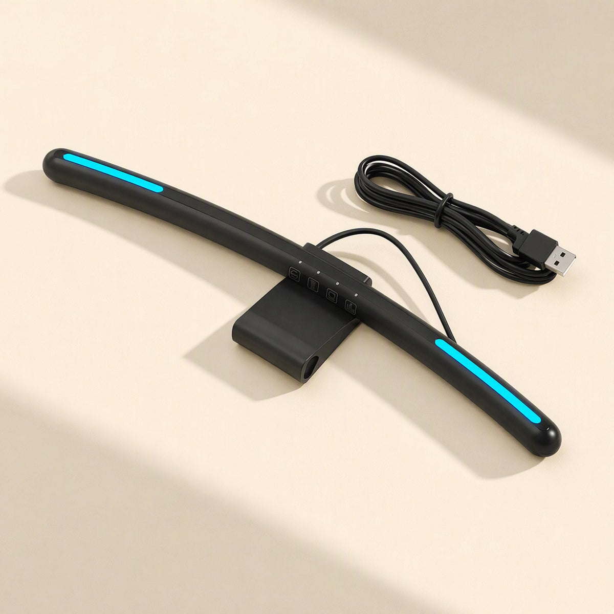 Screenhalo – Black curved lamp bar with cyan side glow, control buttons, clip mount and coiled USB cable