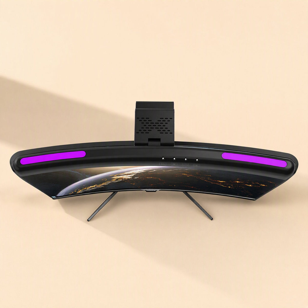 Screenhalo – Lamp bar with purple side glow clipped on top of a curved monitor showing an Earth wallpaper