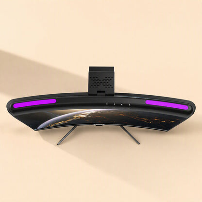 Screenhalo – Lamp bar with purple side glow clipped on top of a curved monitor showing an Earth wallpaper