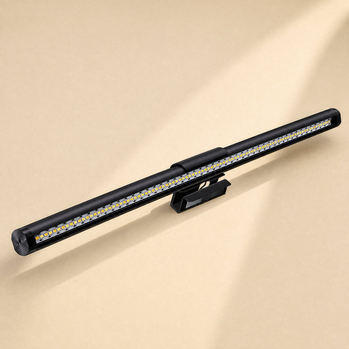 Screenlite Metal Monitor Hanging Light – black monitor light bar angled to show the row of LED chips along its front edge