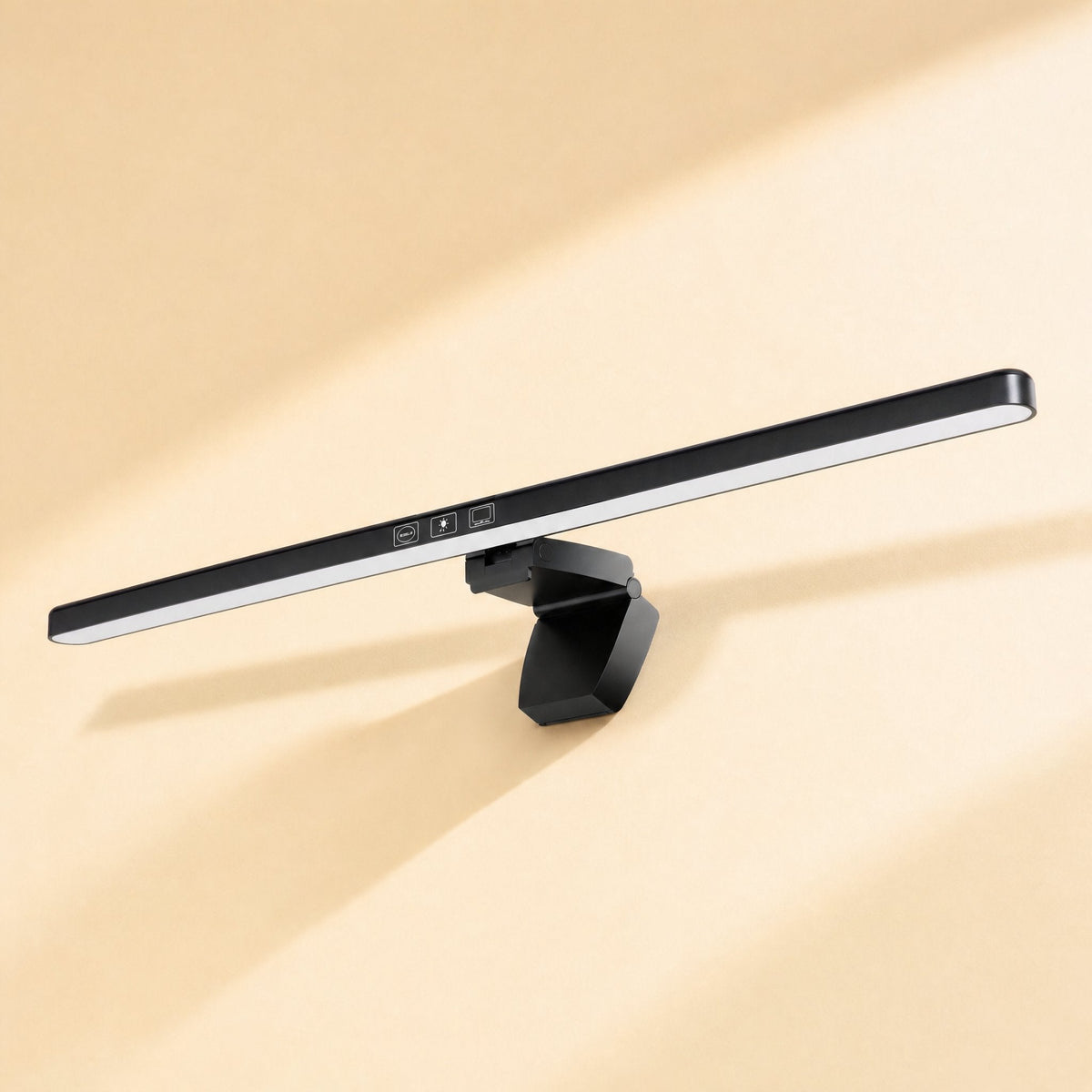 Screenlite Metal Monitor Hanging Light – slim black light bar with three touch controls on its front and a pivoting clip arm