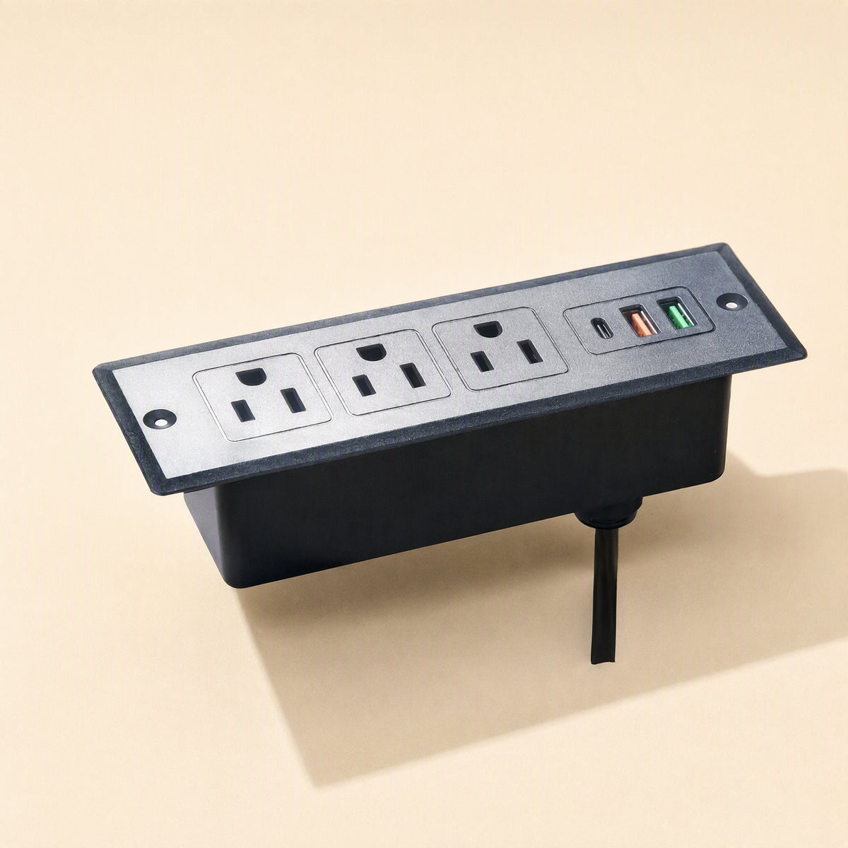 Deskcharge Embedded Desktop USB Power Socket with three outlets and USB ports, angled view on beige