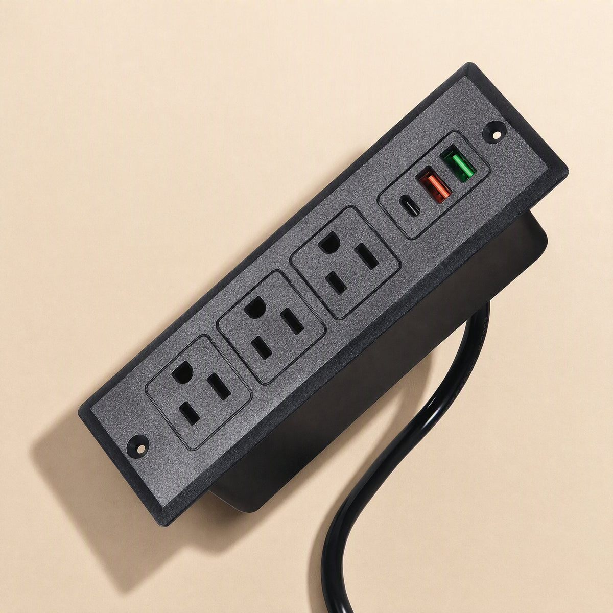 Deskcharge – Top-down close view of black three-outlet panel with USB ports, screw holes and cord