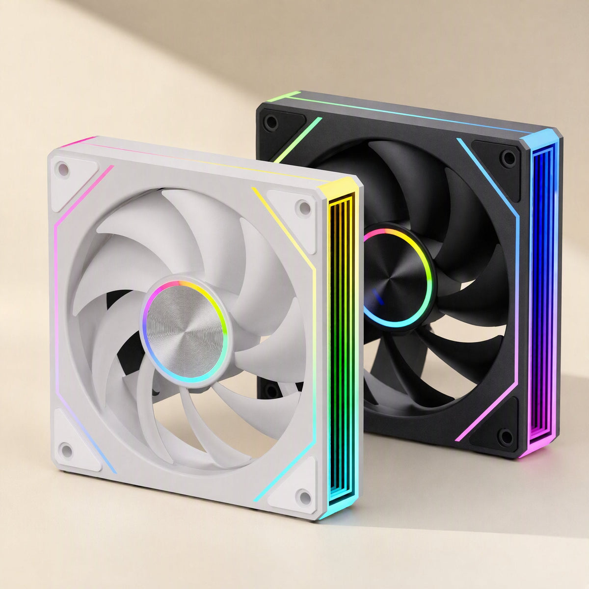 Polyair 120mm Computer Cooling Fan in white and black, front angle with RGB light strips on the frame edges