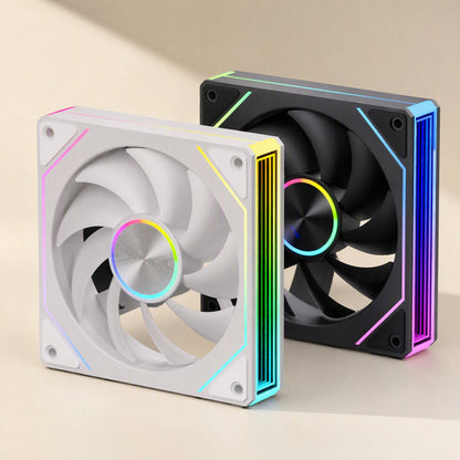Polyair 120mm Computer Cooling Fan in white and black, front angle with RGB light strips on the frame edges