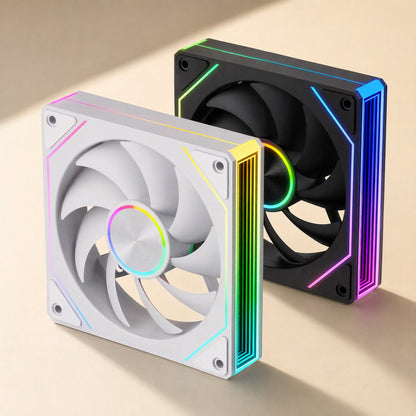 Polyair – White and black 120mm cooling fans side by side, rainbow RGB accents glowing along the corners and sides