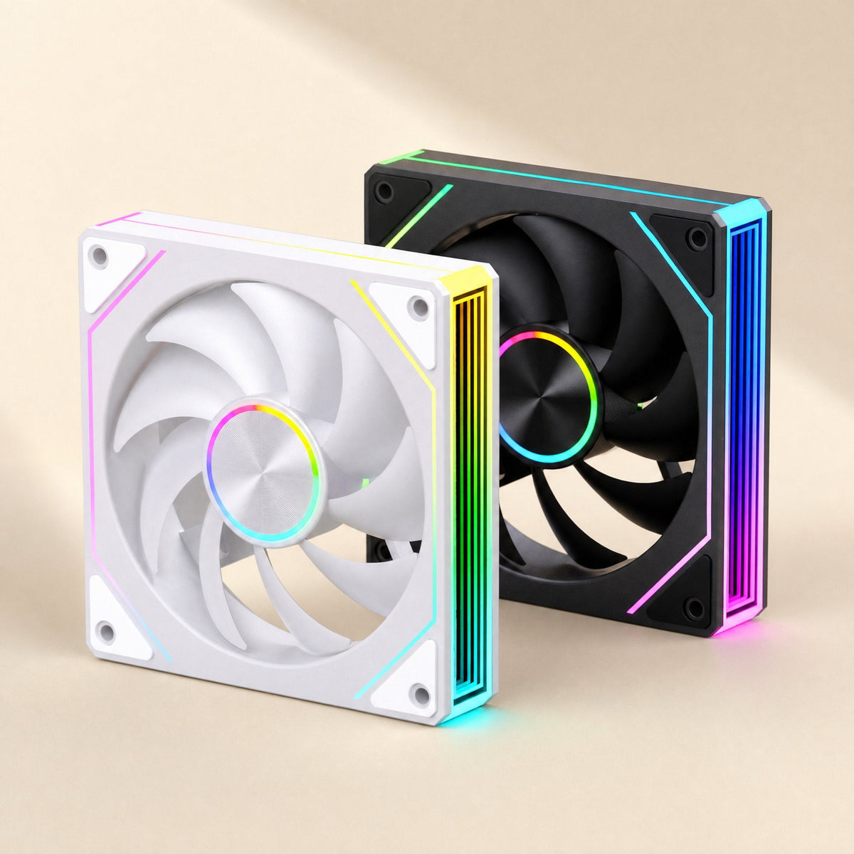 Polyair – Pair of white and black silent hydraulic bearing fans with ring-lit hubs on a warm beige background