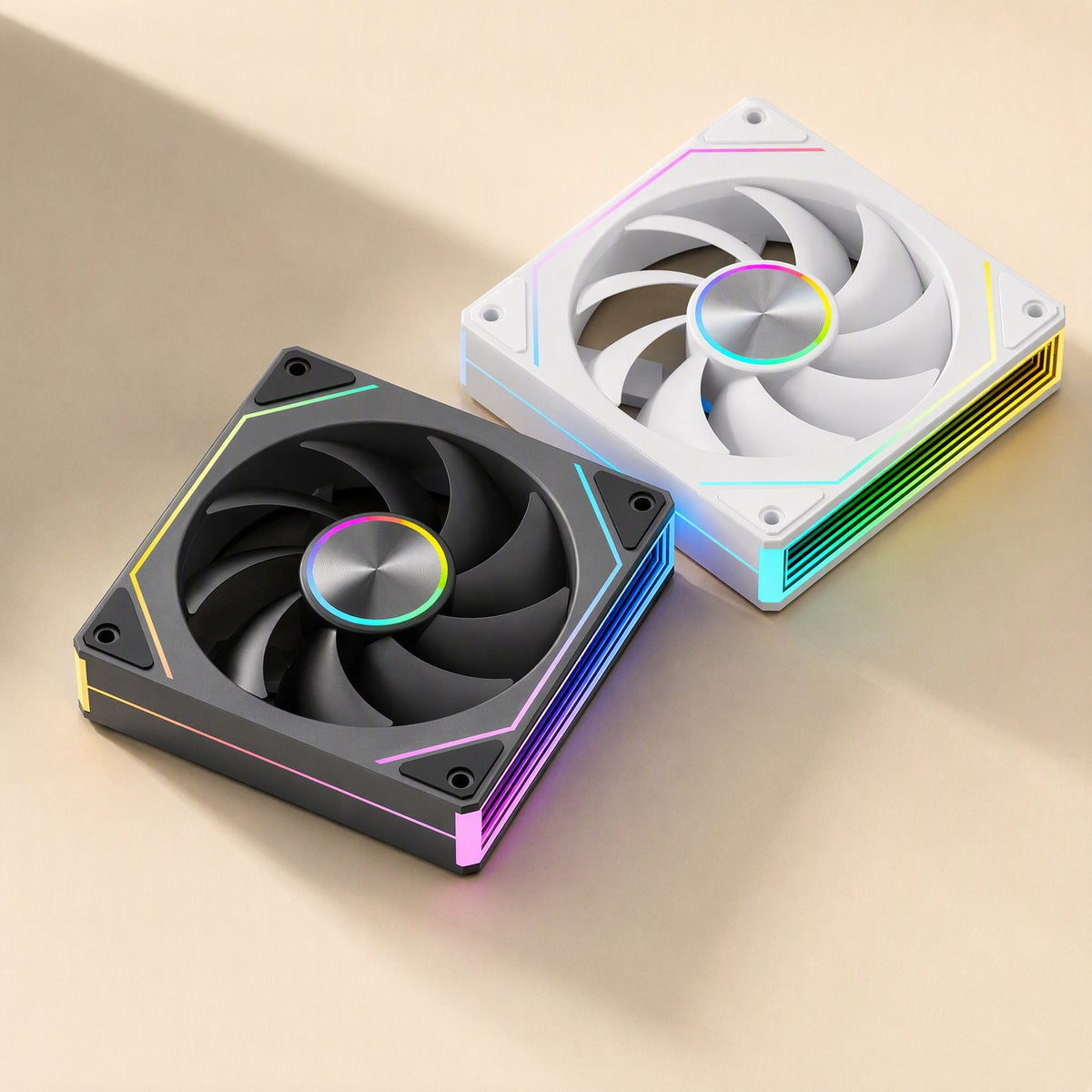 Polyair – Top-down view of black and white 120mm fans, colorful RGB edge lighting and brushed metal center hubs