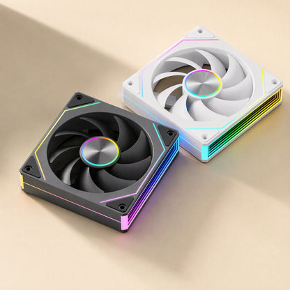 Polyair – Top-down view of black and white 120mm fans, colorful RGB edge lighting and brushed metal center hubs