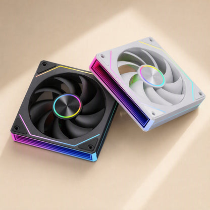 Polyair – Black and white cooling fans tilted at an angle, showing the purple and blue lit side panel and nine blades